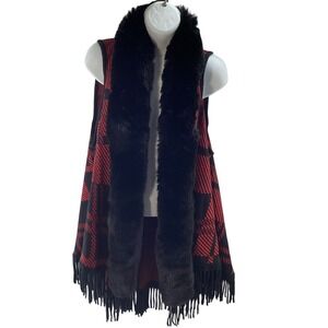 Northern Angel Vest Womens L Red & Black Plaid Fringe Faux Fur Collar Long